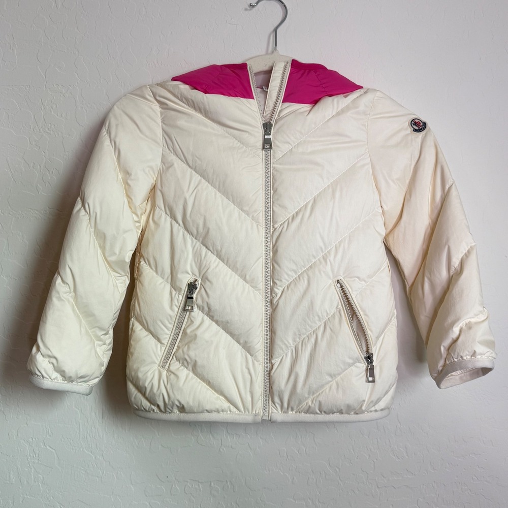 Moncler Girls Cream White Pink Hooded Belted Down Puffer Jacket Size 6 Snow